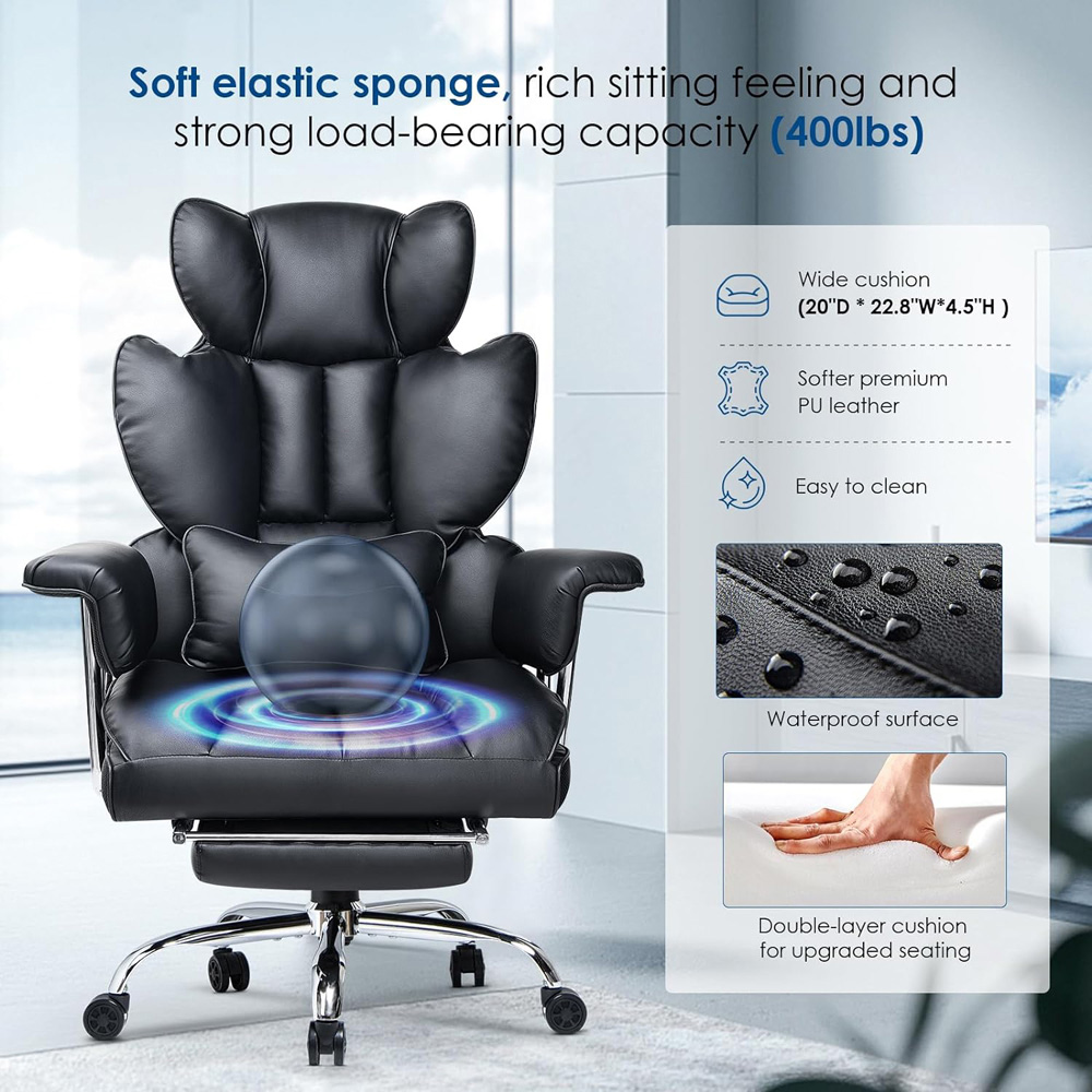 Rattrix Black Leather Ergonomic High Back Swivel Office Chair with Footrest Image 4