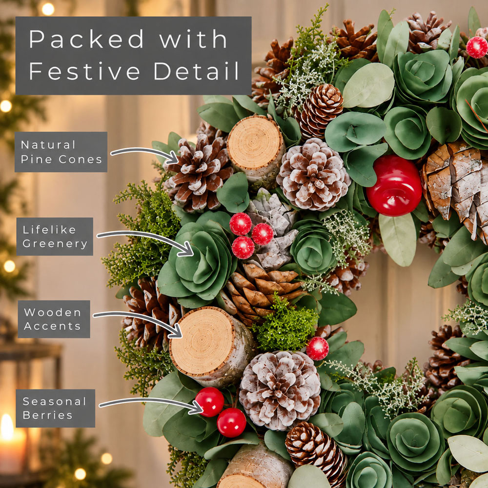 Neo Wooden Accent Artificial Christmas Wreath with Berries and Pine Cones 50cm Image 5
