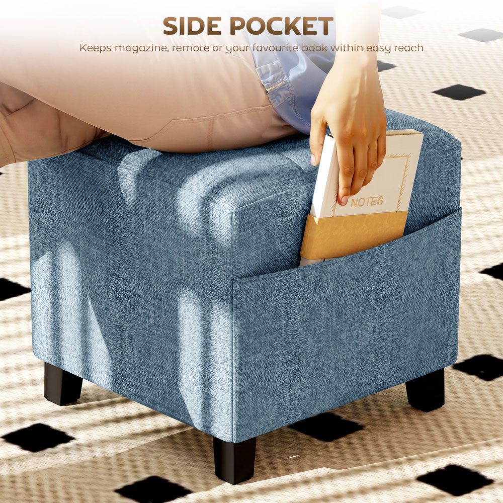 HOMCOM Dark Blue Small Ottoman Pouffe Stool with Side Pocket Image 4
