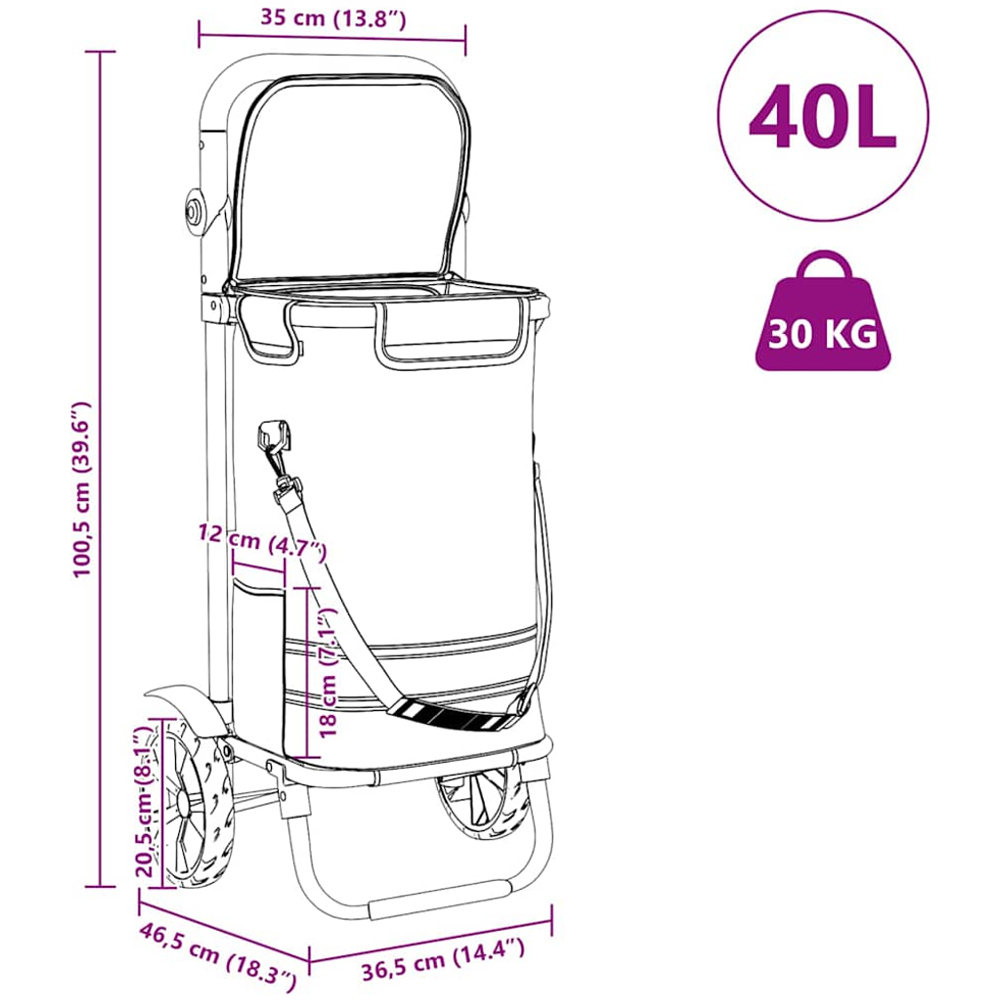 vidaXL 36.5 x 46.5 x 100.5cm Black Foldable Shopping Trolley Image 8
