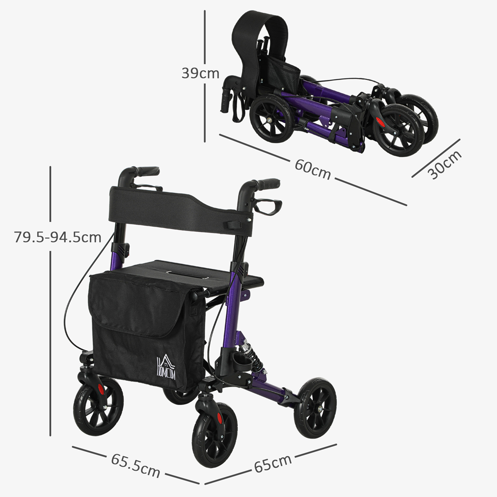 HOMCOM Purple 4-Wheel Foldable Rollator Walker with Suspension Seat and Storage Bag Image 9