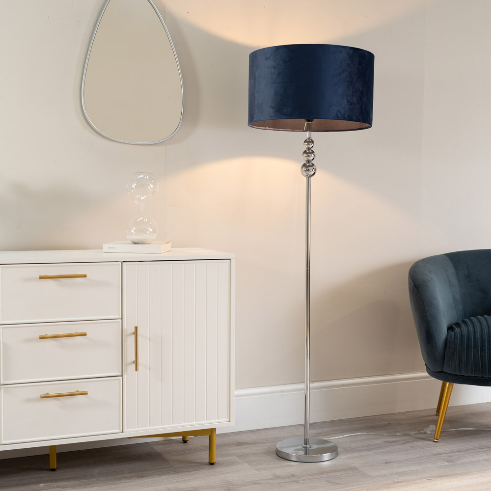 ValueLights Marissa Reni Navy Blue Velvet Shade and Chrome Ball LED Floor Lamp Image 2