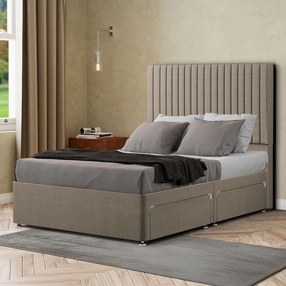 Portland Maryland Single Beige Linen Divan Bed with 2 Drawer and Headboard Image 1