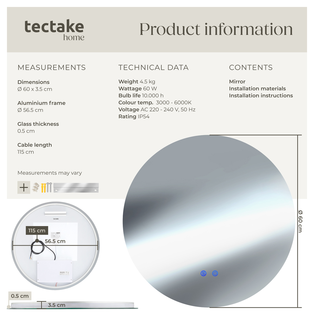 tectake Aurora Multicolour Anti-Fog Frameless Round LED Bathroom Wall Mirror 60cm Image 8
