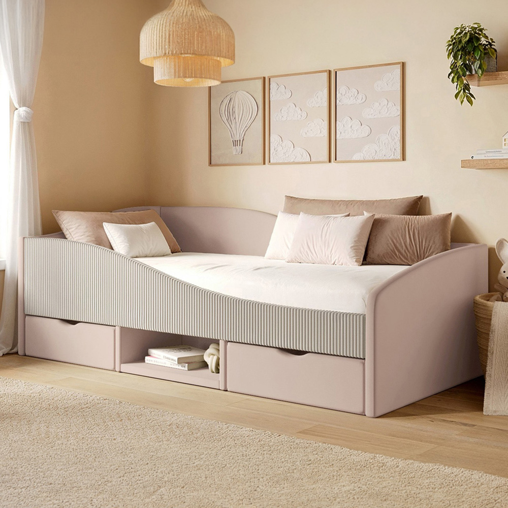 Flair Aubrey Pink Velvet Storage Low Sleeper Bed with Beige Cord Image 1