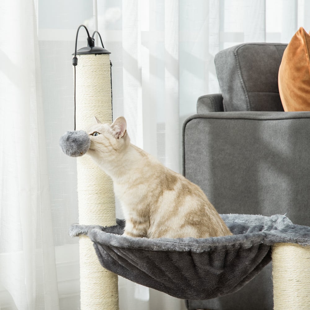 PawHut Grey Cat Scratching Tower with Hammock and Toy Balls Image 3