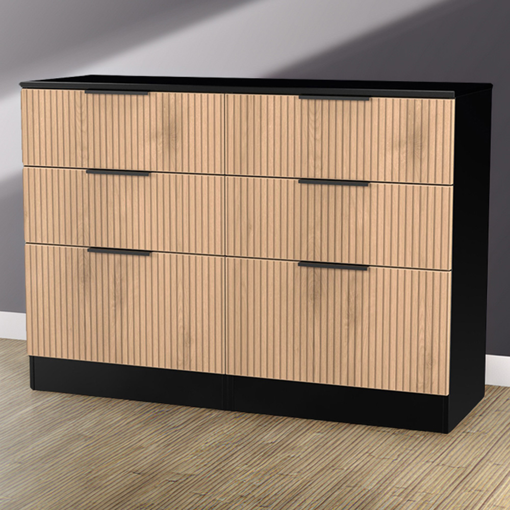 Crowndale Java 6 Drawer Slatt Effect and Black Wide Midi Chest of Drawer Image 1