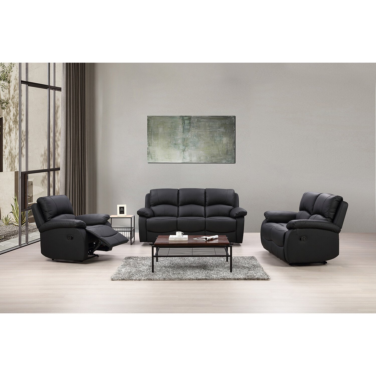 Milano 2 Seater Black Leather Manual Recliner Sofa Image 5