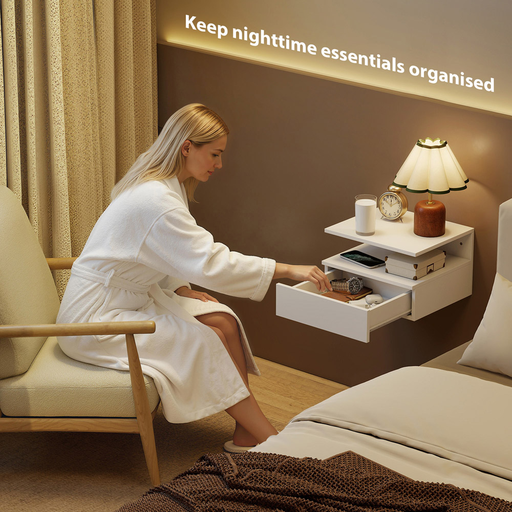 Portland Single Drawer Single Shelf White Floating Nightstand Set of 2 Image 5