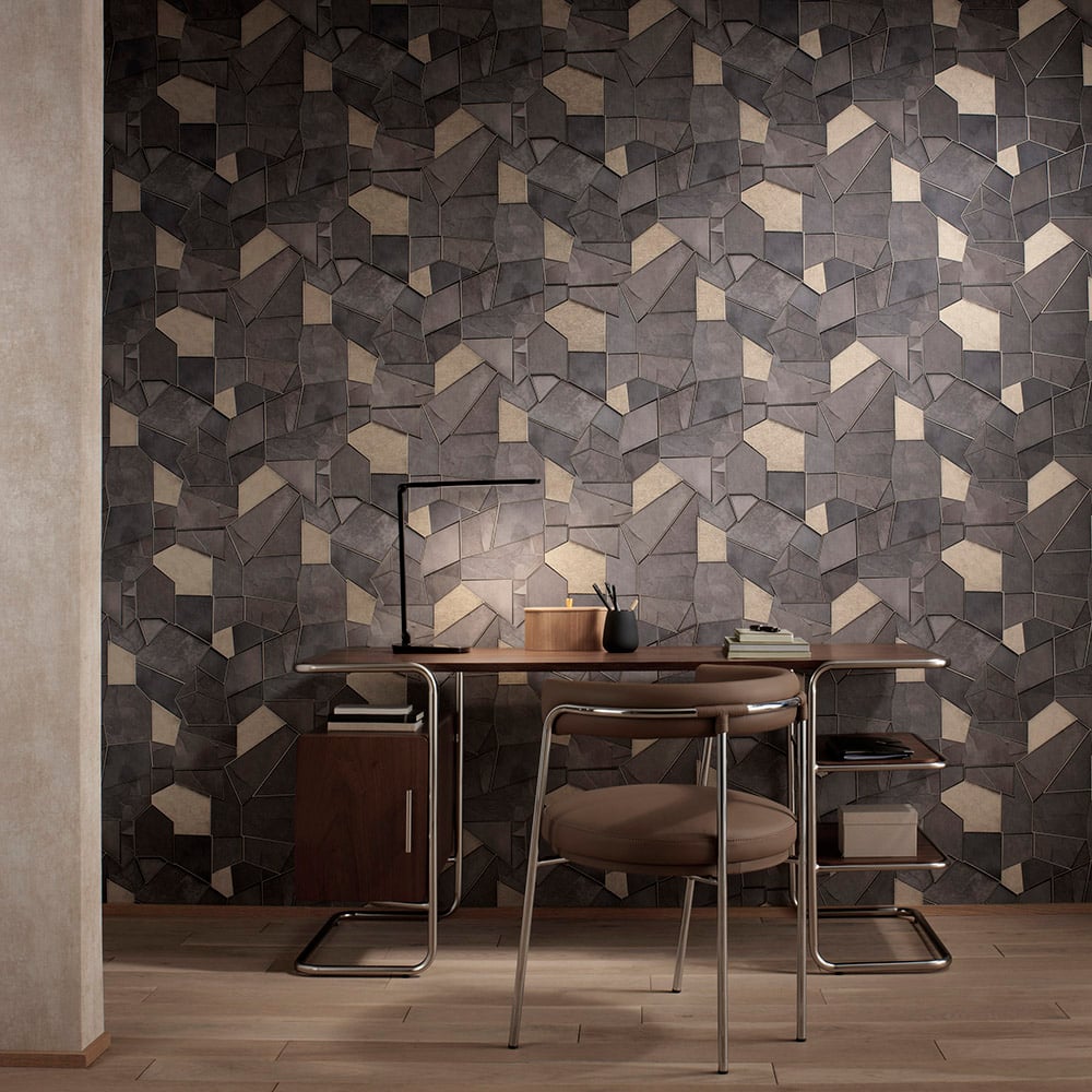 Elle Decoration Mosaique Charcoal Grey and Gold Textured Vinyl Wallpaper by Erismann Image 2