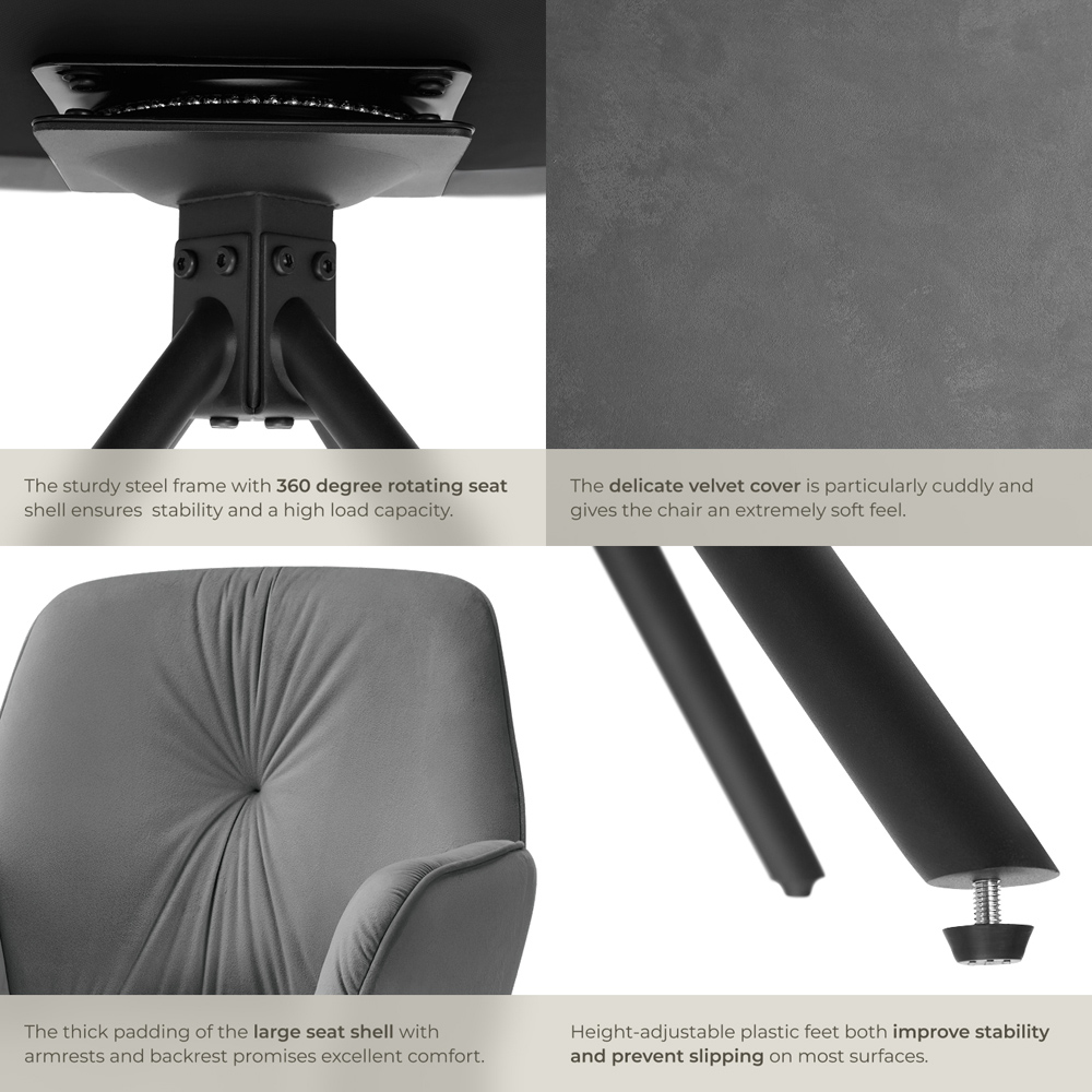 tectake Lenia Set of 6 Anthracite and Black Velvet Swivel Chair Image 5