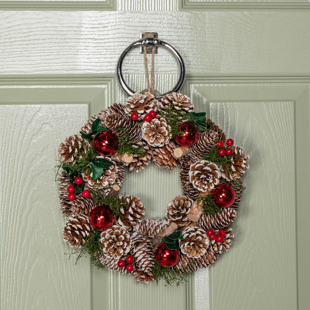 Samuel Alexander YuleFest Christmas Wreath with Baubles and Snow Tipped Pine Cones 30cm Image 6