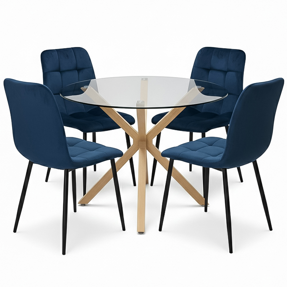 Portland 4 Seater Velvet Tufted Glass Tabletop Round Dining Set Blue Image 2