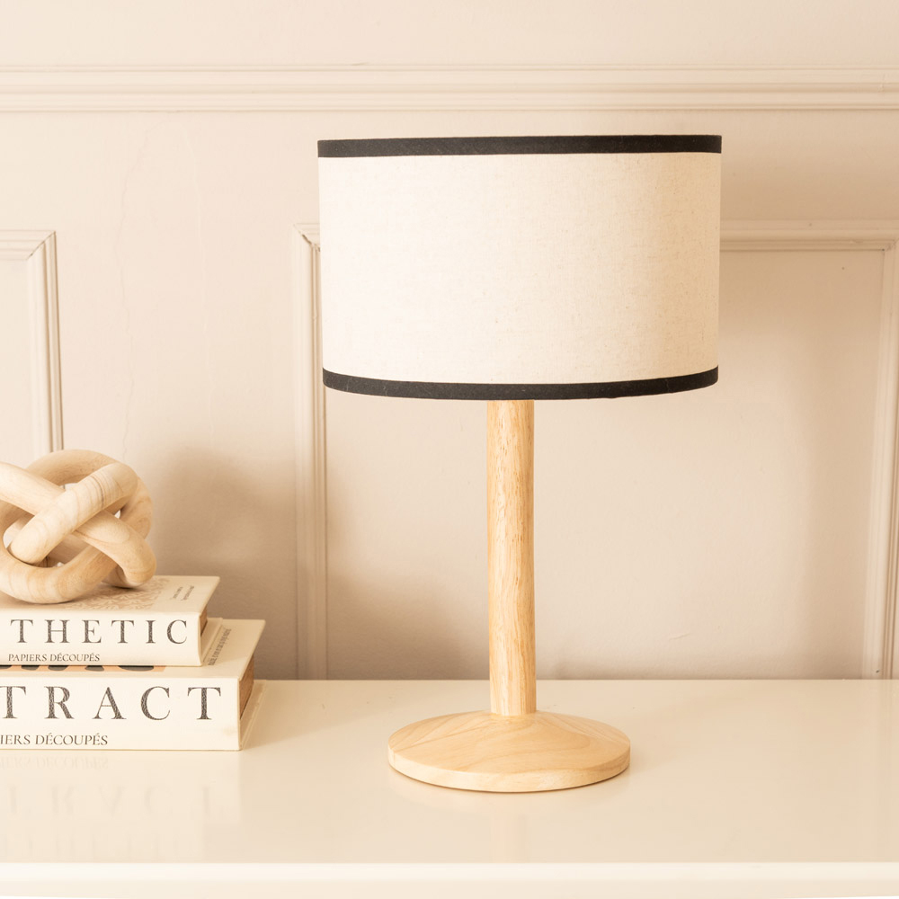 ValueLights Triston Linen Black Edge Drum Shade Natural Light Wood Stem LED Table Lamp Image 3