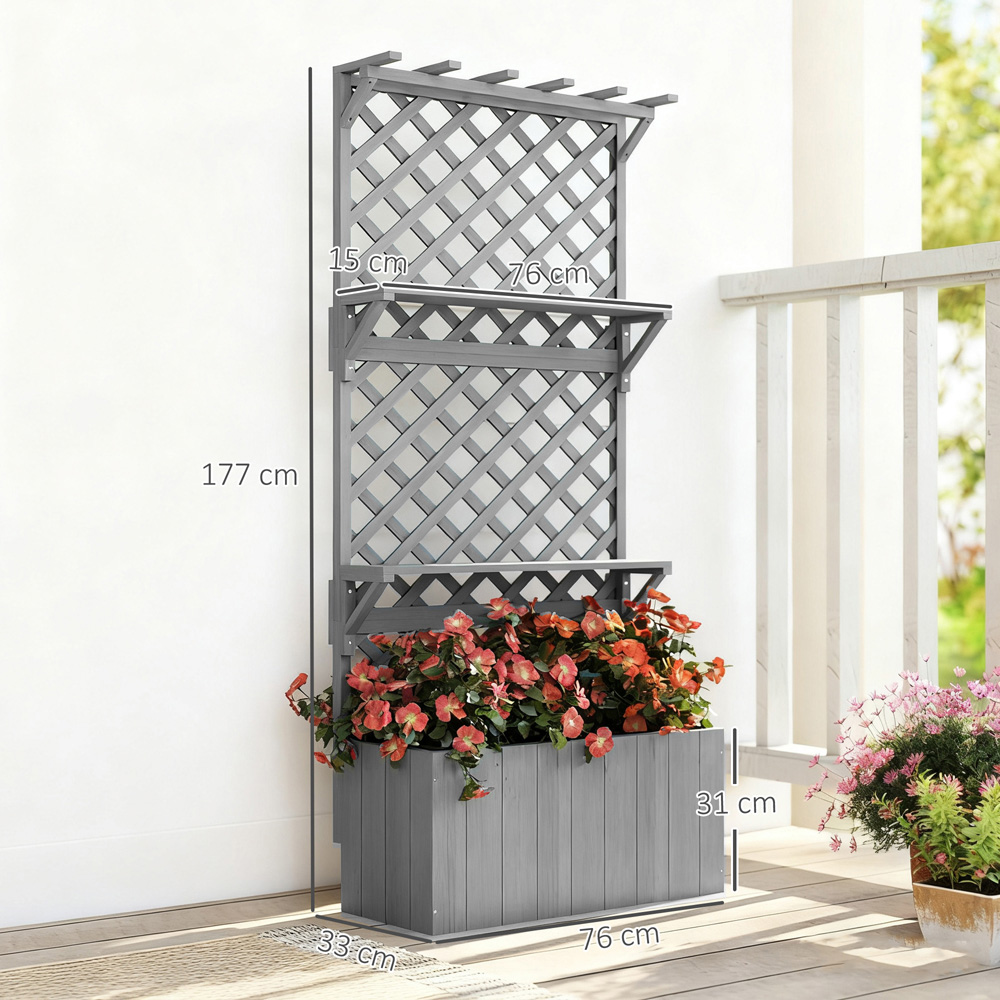 Outsunny 52L 2 Shelf Grey Wooden Raised Garden Bed with Trellis 177 x 33 x 76cm Image 9