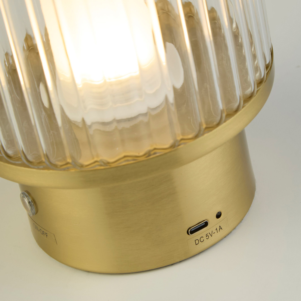 Lighting Collection Clear and Opal White Glass Shade Brass Rechargeable LED Lamp Image 4