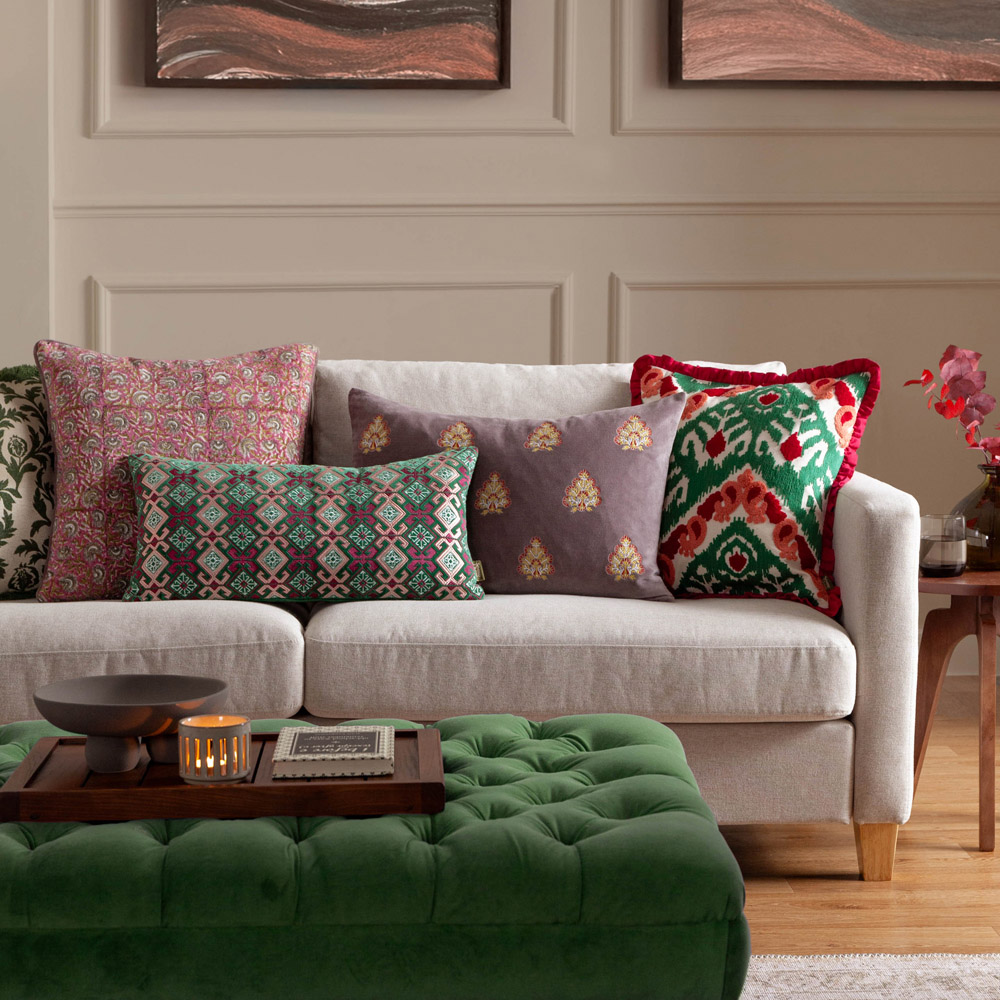 Paoletti Laurel Embroidered Cerise Jade Velvet Cushion 30 x 60cm Image 2