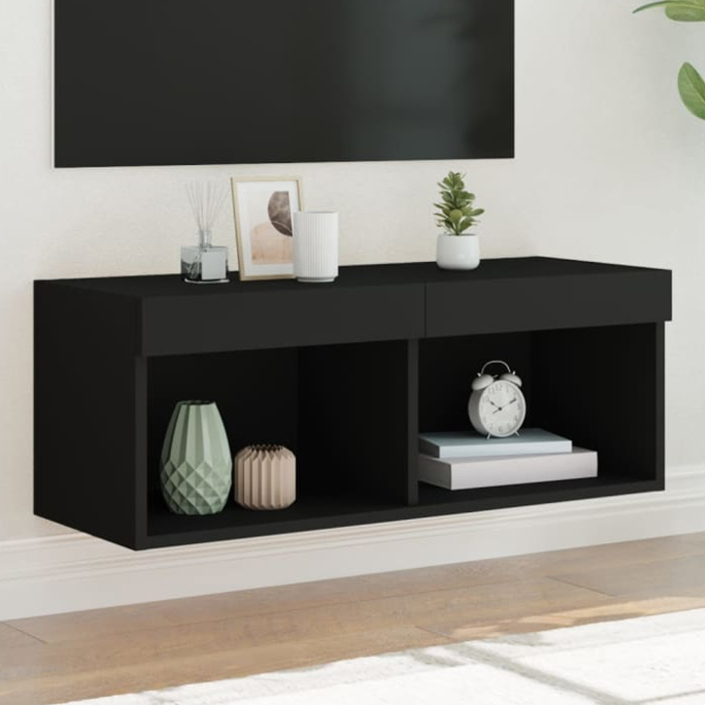 vidaXL 2 Shelf Black Wall Mounted LED TV Cabinet Image 1