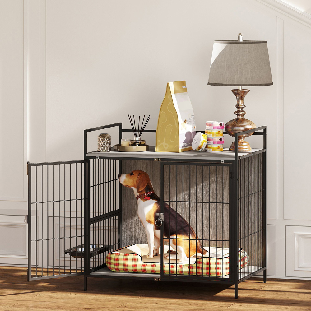 PawHut Grey Medium Dog Crate Furniture with Rotating Bowl Holder Image 8