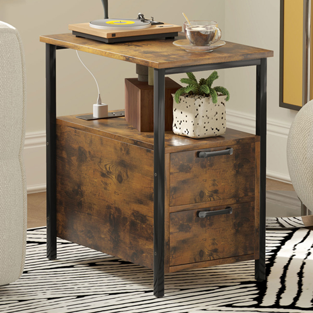 HOMCOM 2 Drawer Rustic Brown Bedside Table with Charging Station Image 1