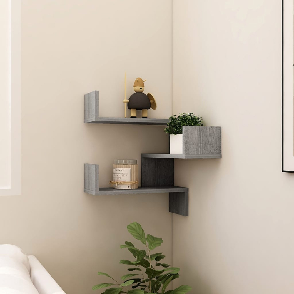 vidaXL 3 Shelf Grey Sonoma Floating Corner Wall Shelf Image 6