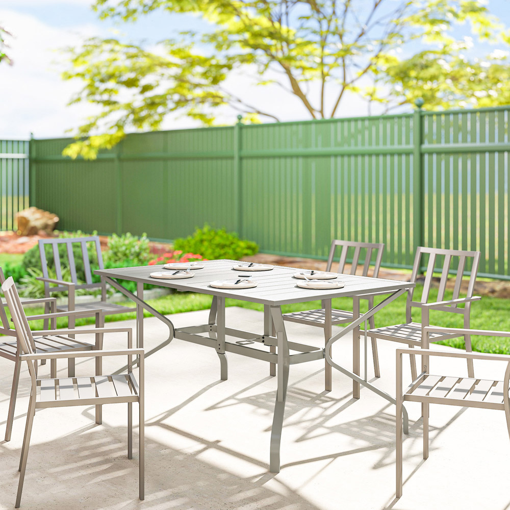 Outsunny 6 Seater Slatted Top Steel Frame Garden Dining Table Light Grey Image 2