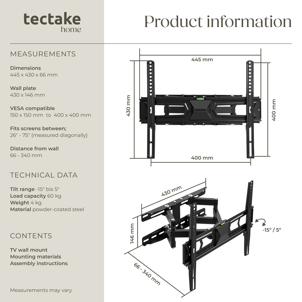 tectake 26 to 75inch Tiltable Extendable Wall Mount Flat TV Bracket Image 8