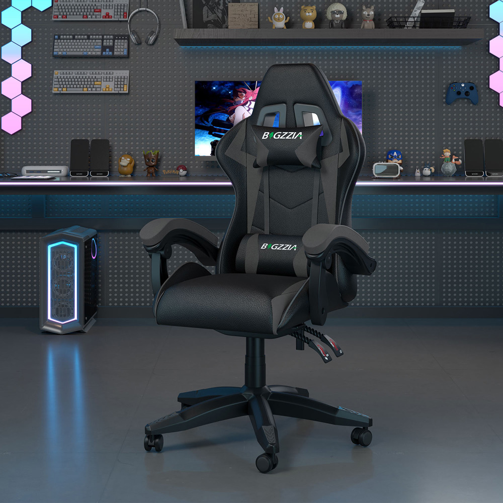Rattrix Grey PU Leather Reclining High Back Gaming Chair with Headrest and Lumbar Support Image 3
