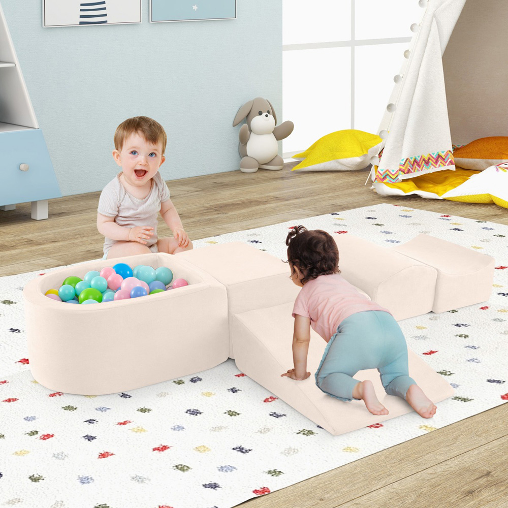 Costway Kids Beige 5 Piece Climb and Crawl Play Set with Ball Pit Image 2
