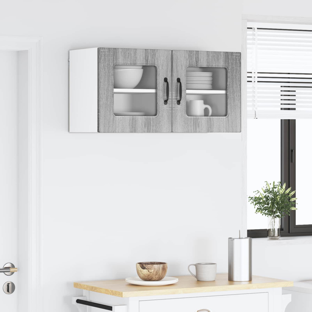 vidaXL Kalmar Single Glass Door Grey Sonoma Wall Mounted Kitchen Cabinet Set of 2 Image 9