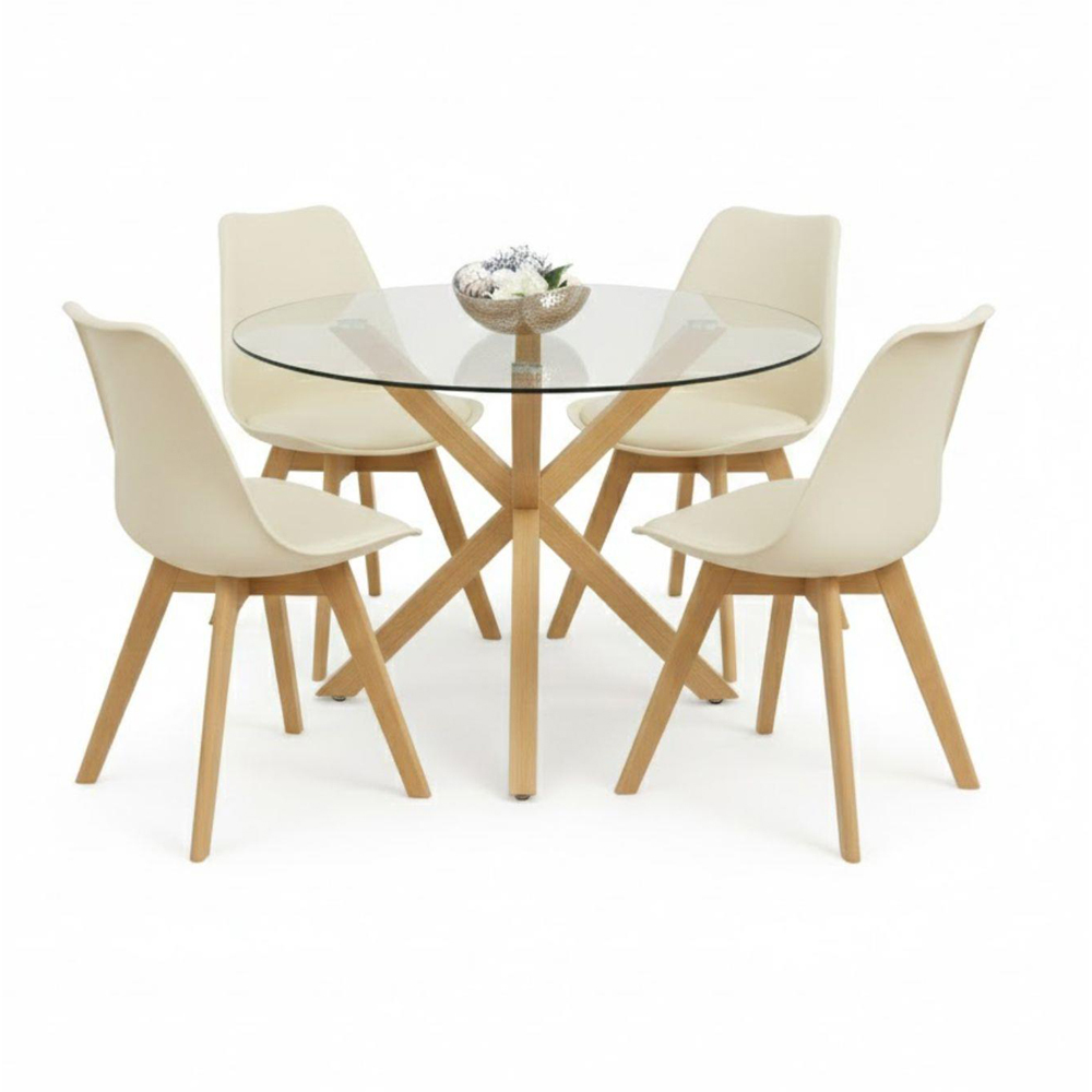 Kosy Koala 4 Seater Glass and Plastic Round Dining Table Set Oak Effect and Cream Image 2