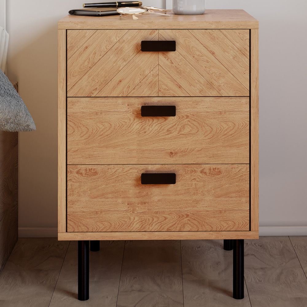 Seconique Leon 3 Drawer Medium Oak Effect Bedside Table Image 1