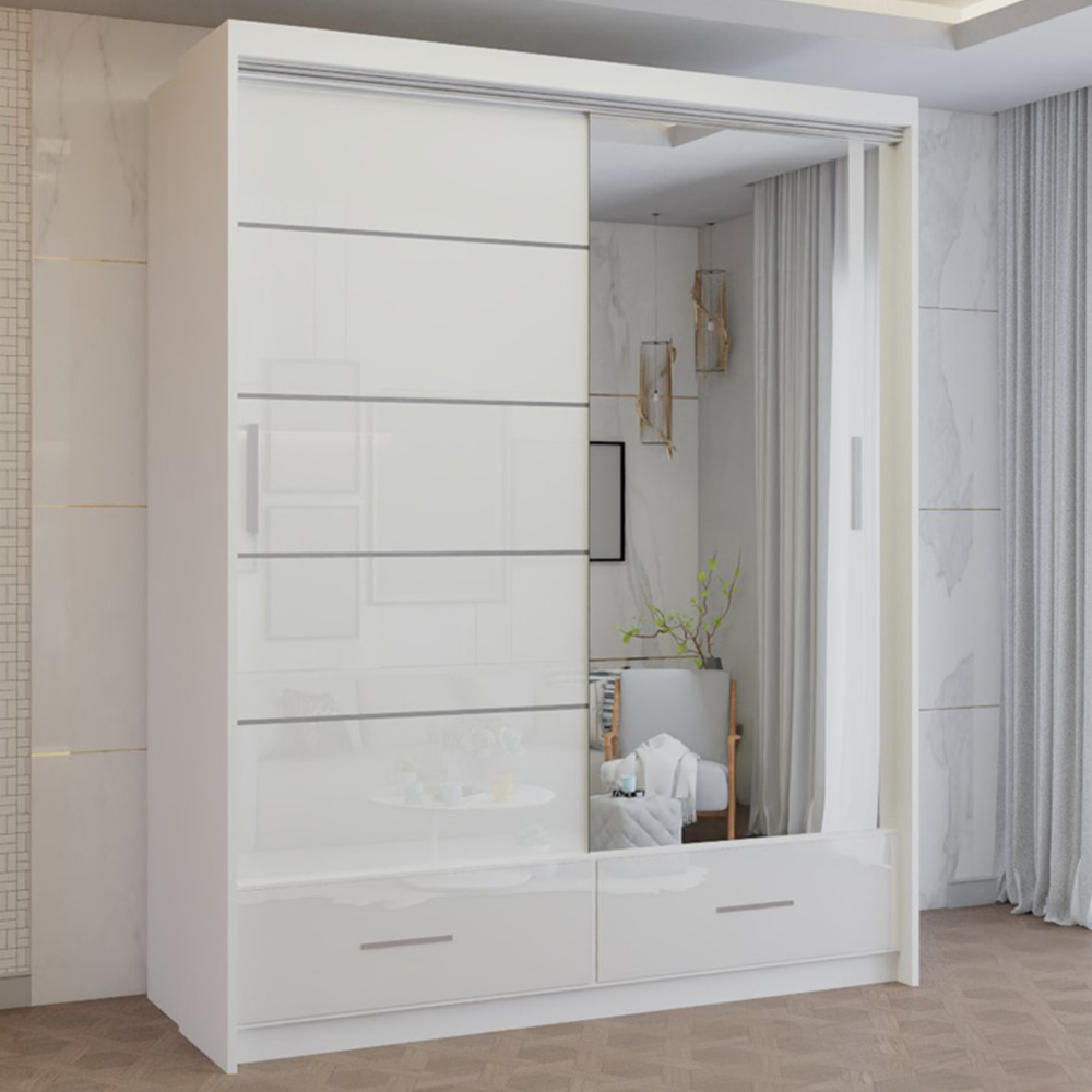 M N Furniture Seliyaa 2 Door 2 Drawer White High Gloss Sliding Door Wardrobe 150cm Image 1
