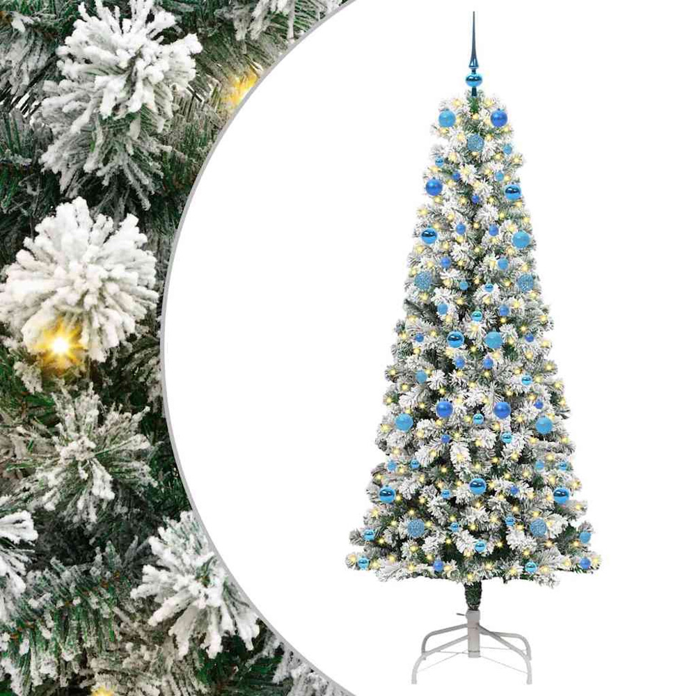 vidaXL Pre-Lit Warm White LED and Blue Baubles Snow Flocked Artificial Christmas Tree 7ft Image 2