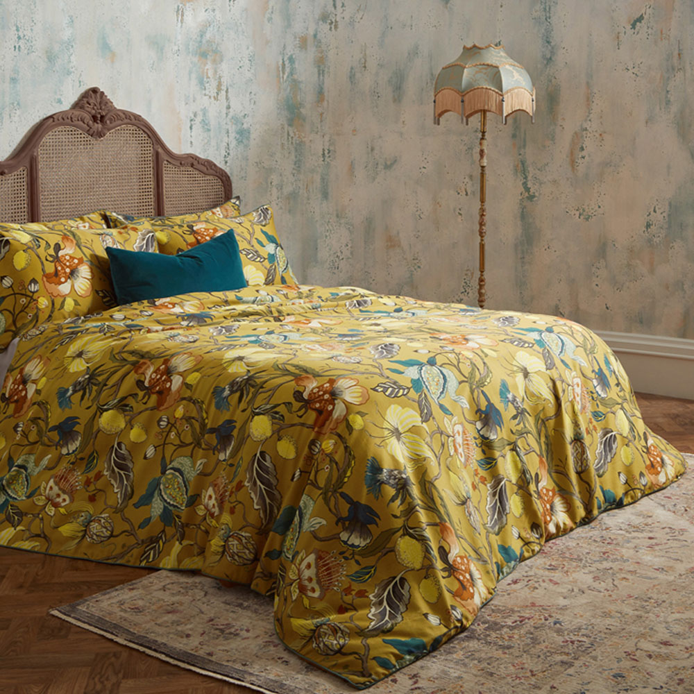 EW by Edinburgh Weavers Morton Floral Double Ochre Cotton Sateen Duvet Cover Set Image 1
