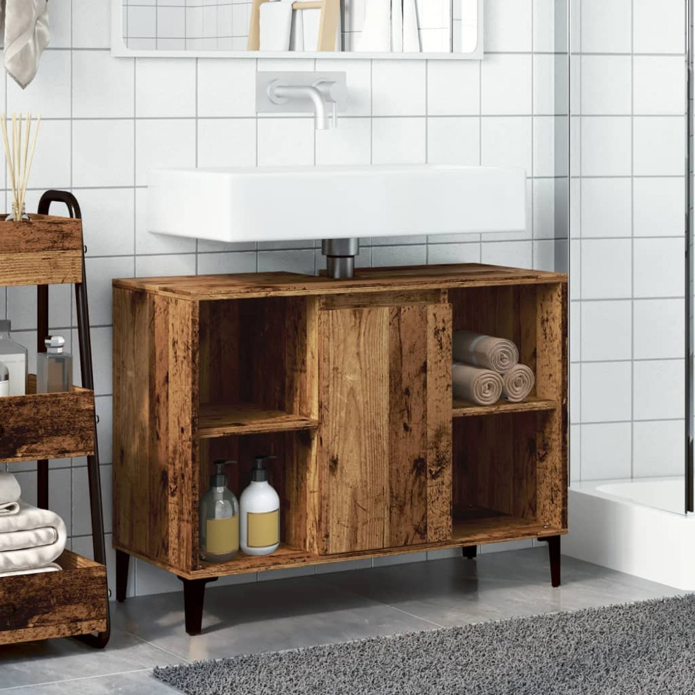 vidaXL Single Door 4 Open Compartment Old Wood Bathroom Sink Cabinet Image 8