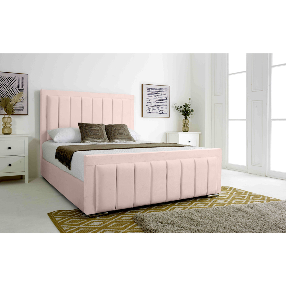 Eleganza Stylus Single Pink Plush Velvet Bed Frame with Lined Headboard and Footboard Image 3