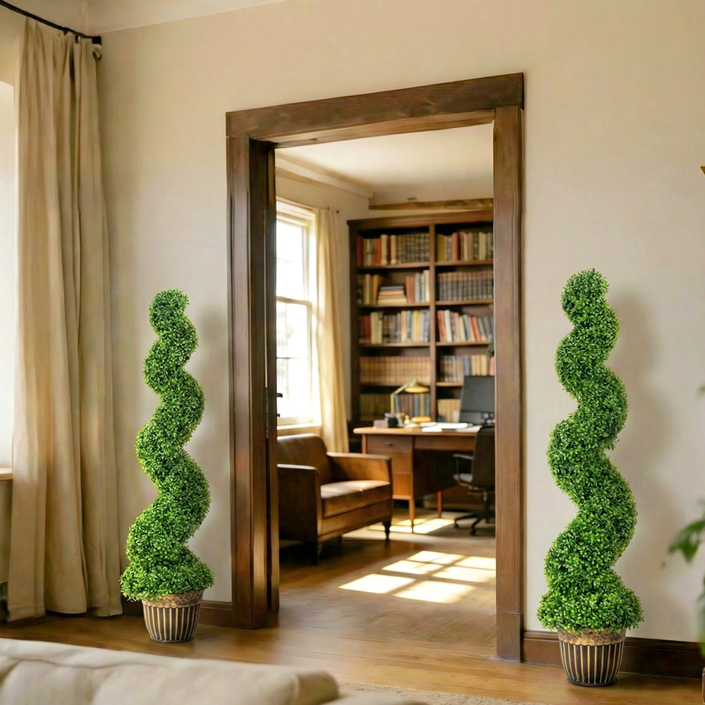 HOMCOM Artificial Potted Topiary Spiral Boxwood Tree Set of 2 Image 4