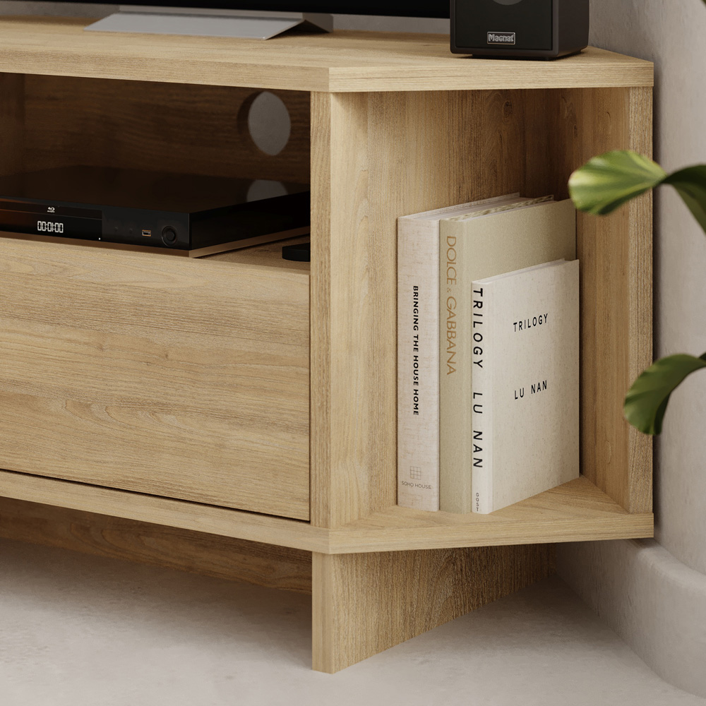Decortie Viva 3 Shelf Single Cabinet Oak Finish Modern Corner TV Stand Image 3