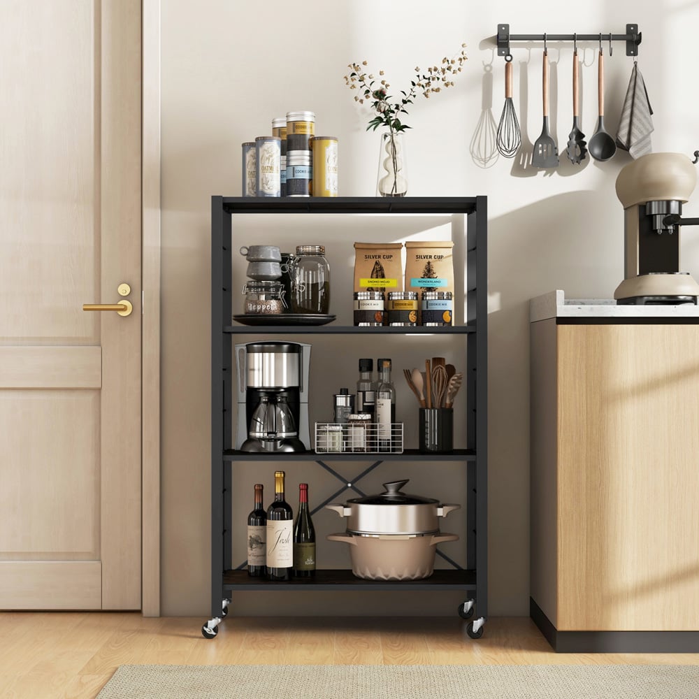 Costway 3 Shelf Black Metal Folding Wheeled Shelving Rack Image 2