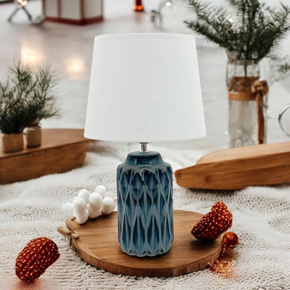 Acacia Home White Shade Blue Ceramic Table Lamp Image 2