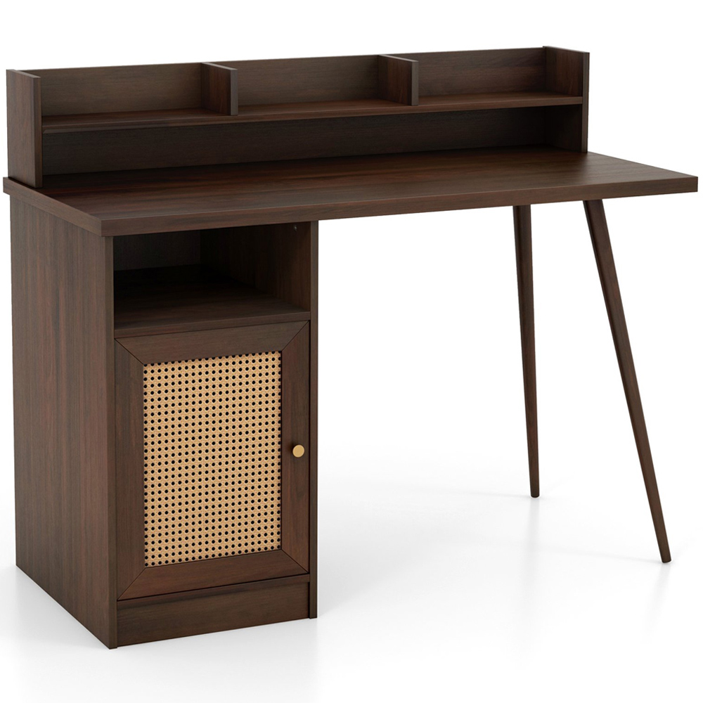 Costway Single Door PE Rattan Mid Century Computer Desk Walnut Image 2