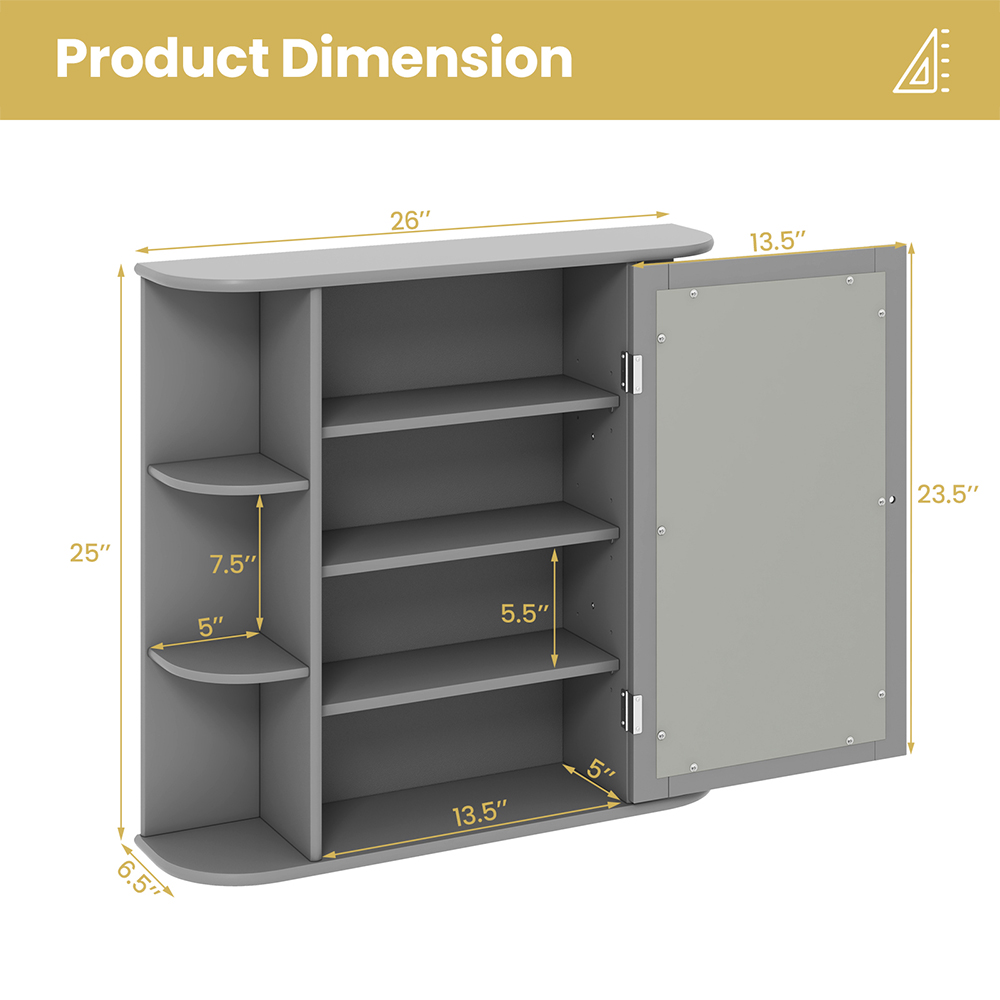 Costway Single Door 6 Shelf Grey Mirrored Bathroom Cabinet Image 9