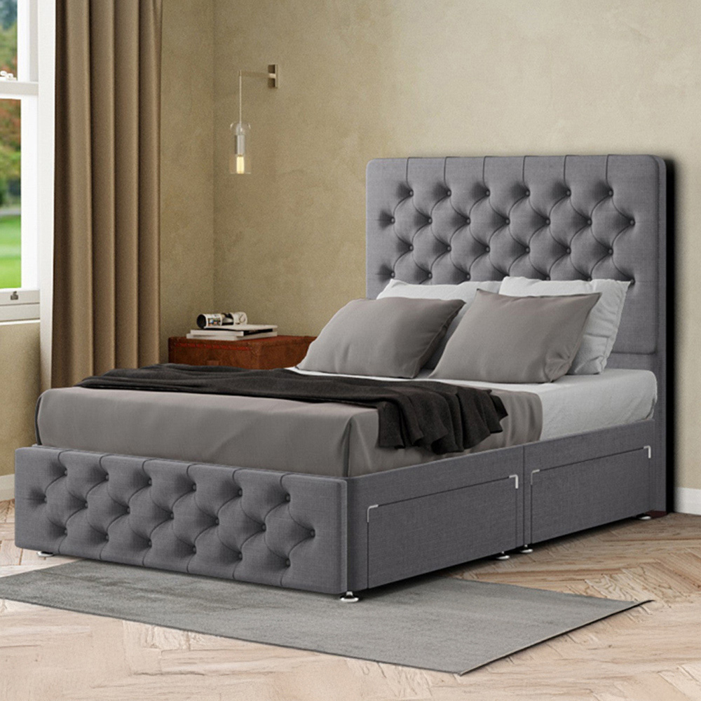 Portland Mary Chesterfield Small Double Grey Divan Bed with 2 Drawer and Headboard Image 1