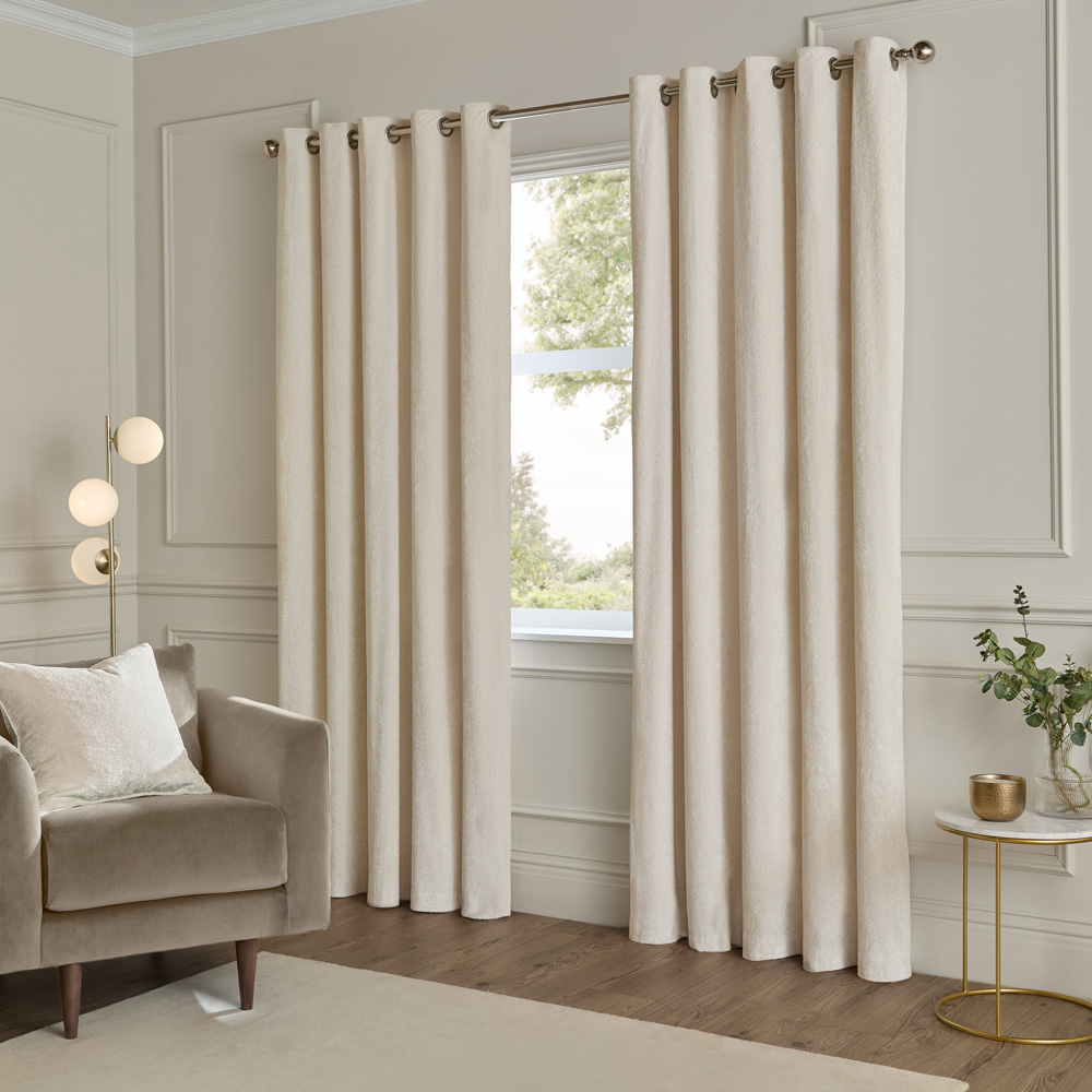 Paoletti Ivory Lustre Velvet Fully Lined Eyelet Curtains 117 x 137cm Image 1