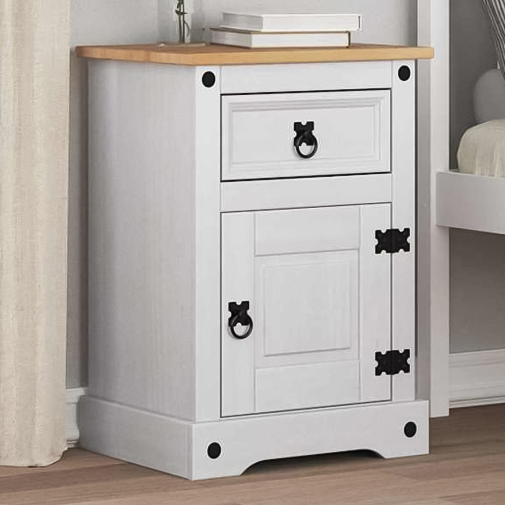 vidaXL Corona Single Door Single Drawer White Solid Pine Wood Wide Bedside Table Image 1