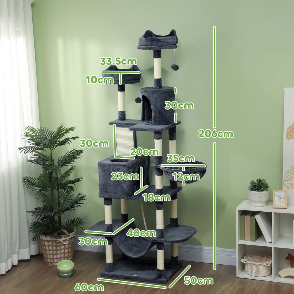 PawHut Dark Grey Double Condos Cat Tree with Scratching Post Bed and Hammock 206cm Image 9