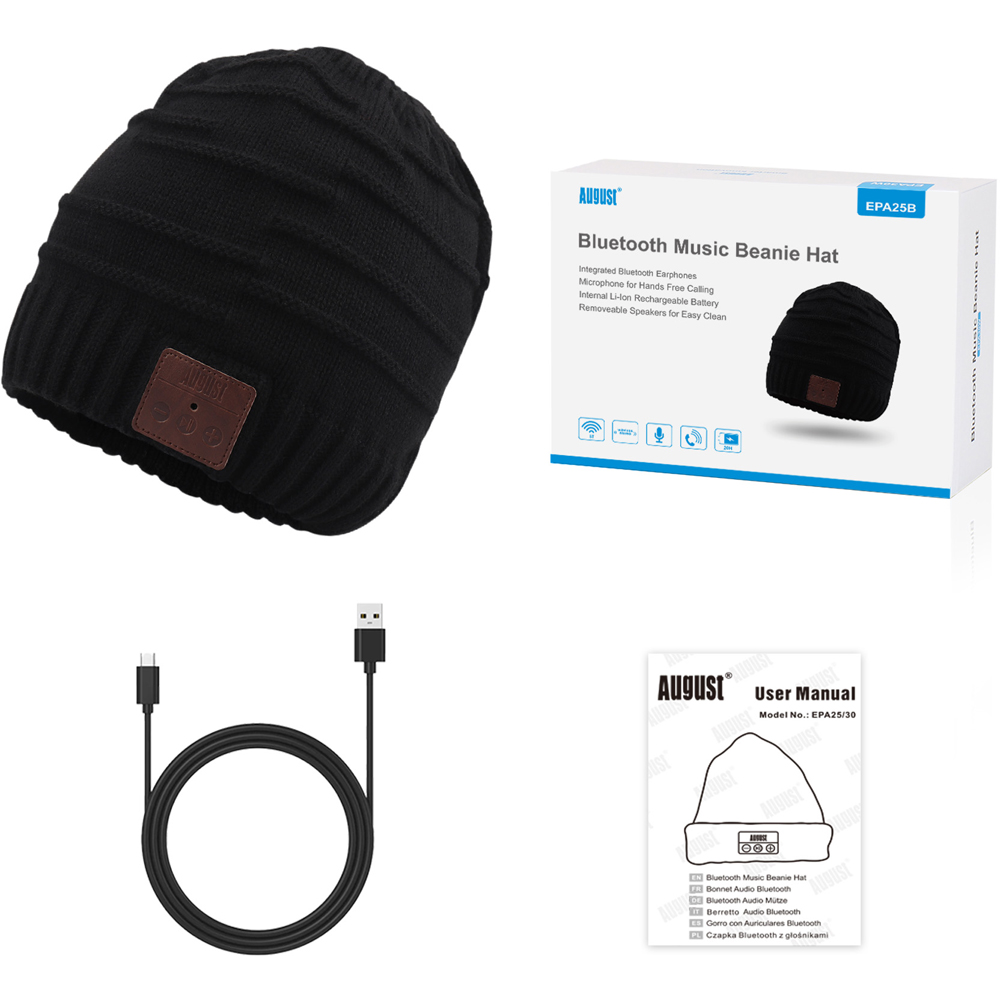 August EPA25B Black Beanie Hat with Wireless Rechargeable Bluetooth Headphones and Mic Image 5
