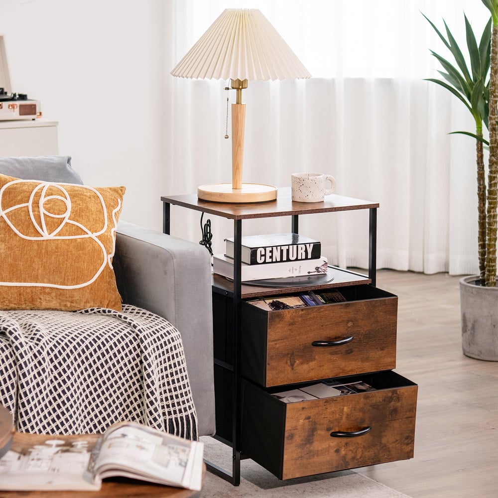 Costway 2 Drawer Single Shelf Rustic Brown Storage Unit Image 3