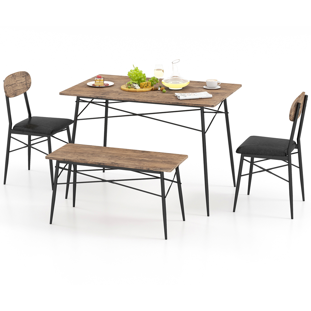 Costway 4 Seater Faux Leather Dining Set with Bench Rustic Brown Image 3